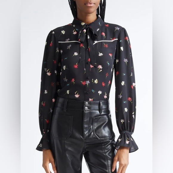 cinq a sept Tops - Cinq A Sept Kelela Print Tie Neck Shirt in Black Multi L